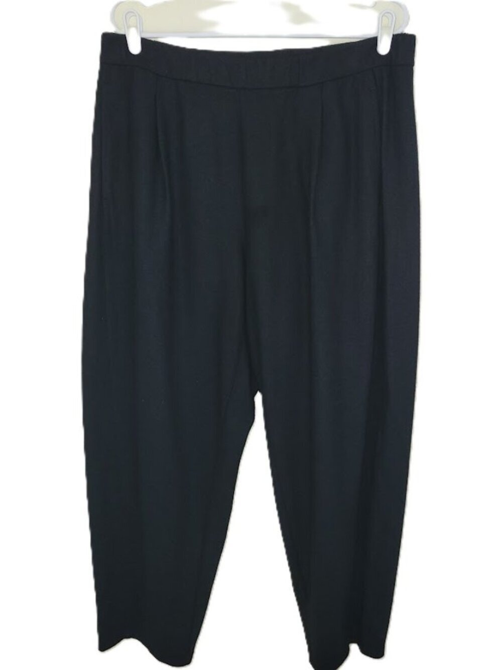 Eileen Fisher Black Wool Straight Leg Pant Elastic Waist 2 Pockets Women's SZ L